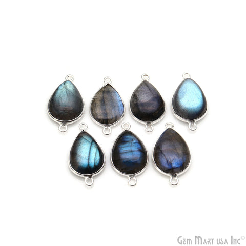 Flashy Labradorite Cabochon 12x16mm Pears Double Bail Silver Plated Gemstone Connector