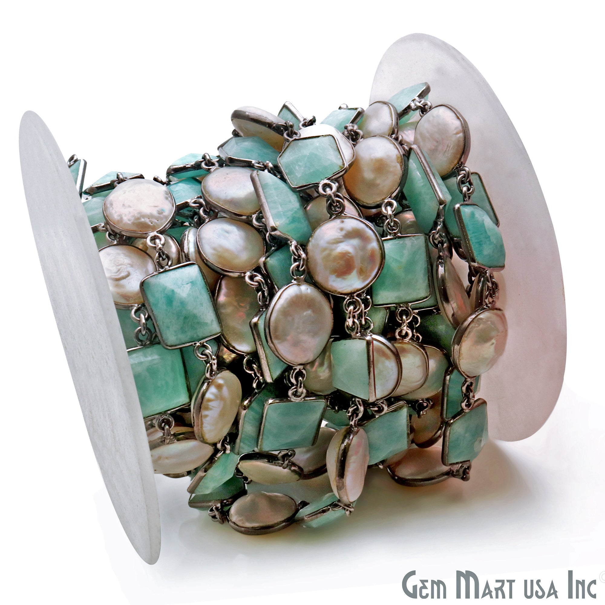 Amazonite And Pear Oxidized Bezel Rosary Connector Chain - GemMartUSA