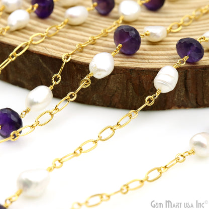 Amethyst & Pearl Round Beads Gold Plated Finding Rosary Chain