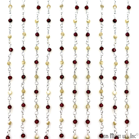 Rhodolite & Mother Of Pearl Silver Plated Wire Wrapped Gemstone Beads Rosary Chain