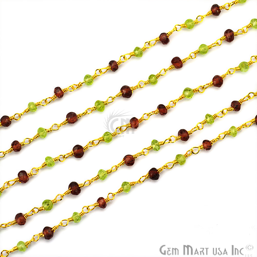 Garnet With Peridot Gold Plated Wire Wrapped Rosary Chain