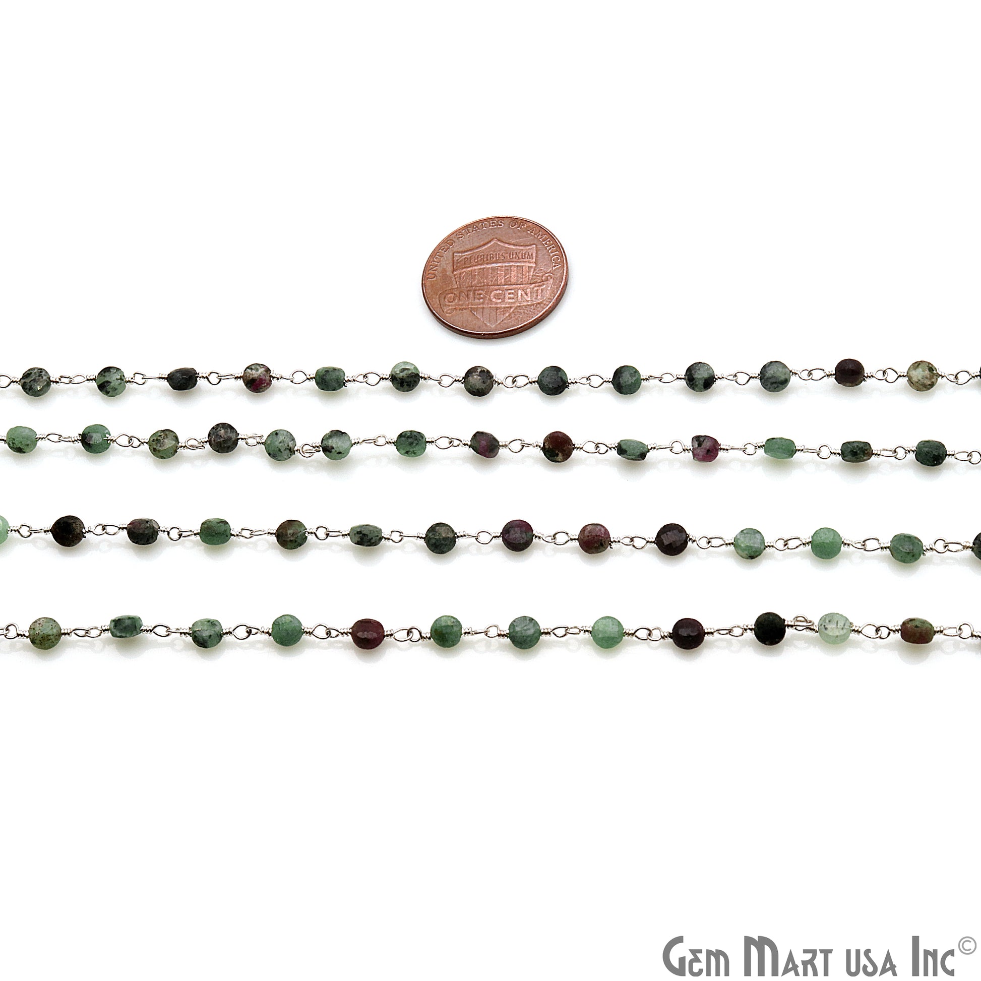 Ruby Zoisite Faceted 3-4mm Silver Wire Wrapped Rosary Chain - GemMartUSA