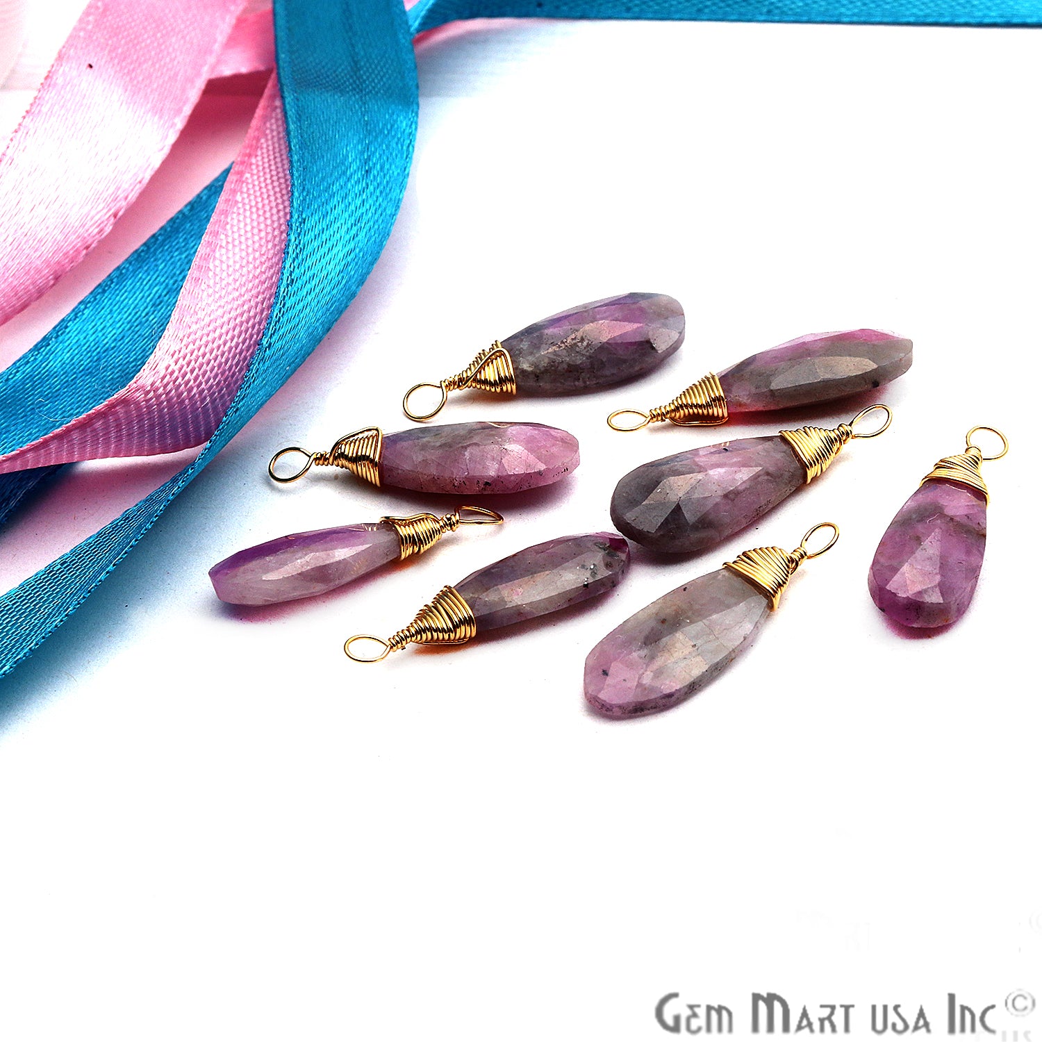Pink Ruby Zoisite Gold Wire Wrapped 22x6mm Jewelry Making Pears Shape Connector - GemMartUSA