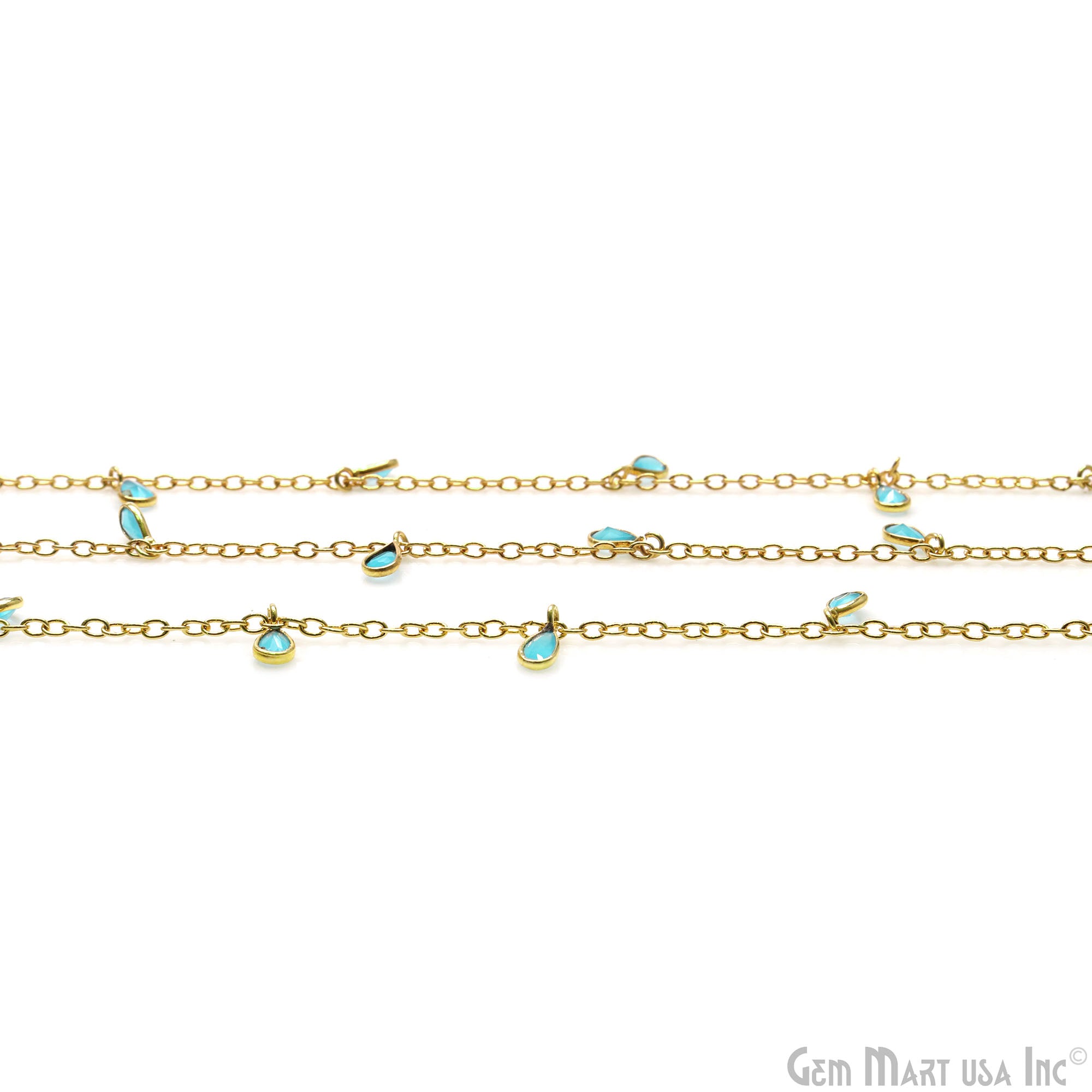 Sky Blue Chalcedony Pear Bezel 5x4mm Gold Plated Dangle Fancy Rosary Chain