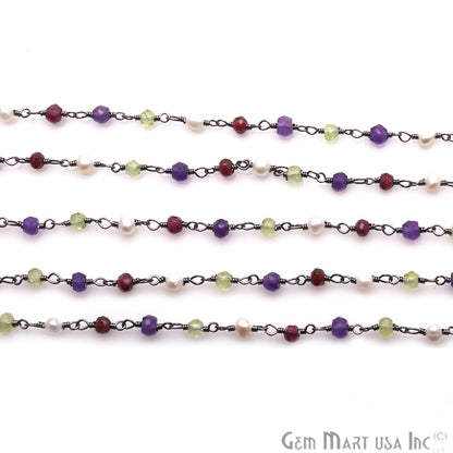 Multi Color & Pearl Gemstone Beaded Oxidized Wire Wrapped Rosary Chain