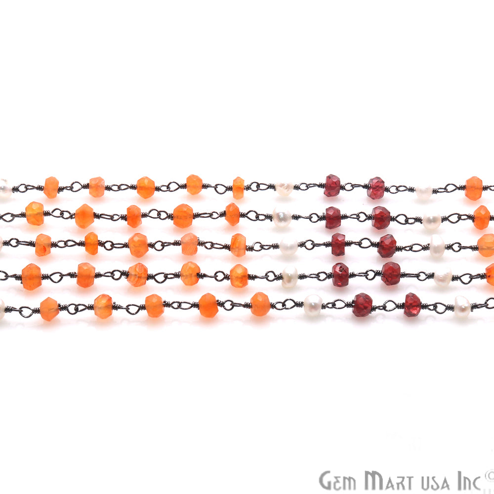 Carnelian, Garnet & Pearl Multi Gemstone Beaded Wire Wrapped Rosary Chain - GemMartUSA