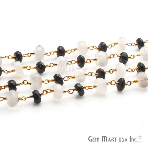Black Spinel With White Chalcedony Beaded Gold Plated Wire Wrapped Rosary Chain - GemMartUSA