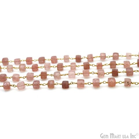 Strawberry Quartz Faceted Box 5-6mm Gold Wire Wrapped Rosary Chain