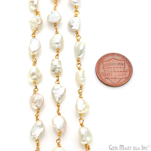 Pearl Free Form Shape 5-6mm Gold Wire Wrapped Rosary Chain