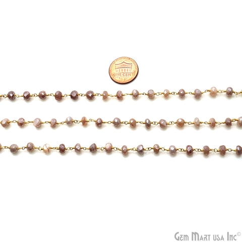 Peach Moonstone 5-6mm Gold Wire Wrapped Rondelle Faceted Bead Rosary Chain