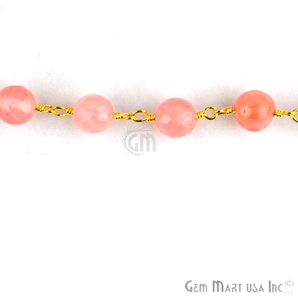 Pink Peach Jade Beads Gold Plated Wire Wrapped Rosary Chain - GemMartUSA (763648770095)