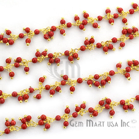 Red Coral Cluster Dangle Beads Gold Wire Wrapped Rosary Chain - GemMartUSA