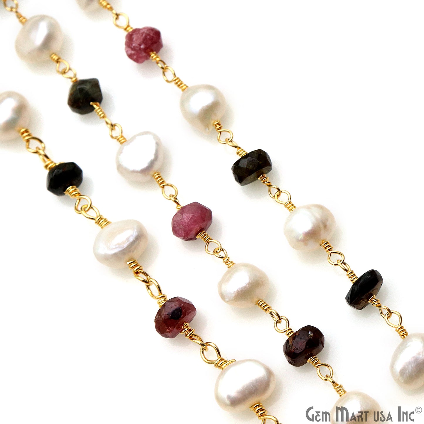 Multi Tourmaline & Freshwater Pearl Gold Plated Wire Wrapped Rosary Chain