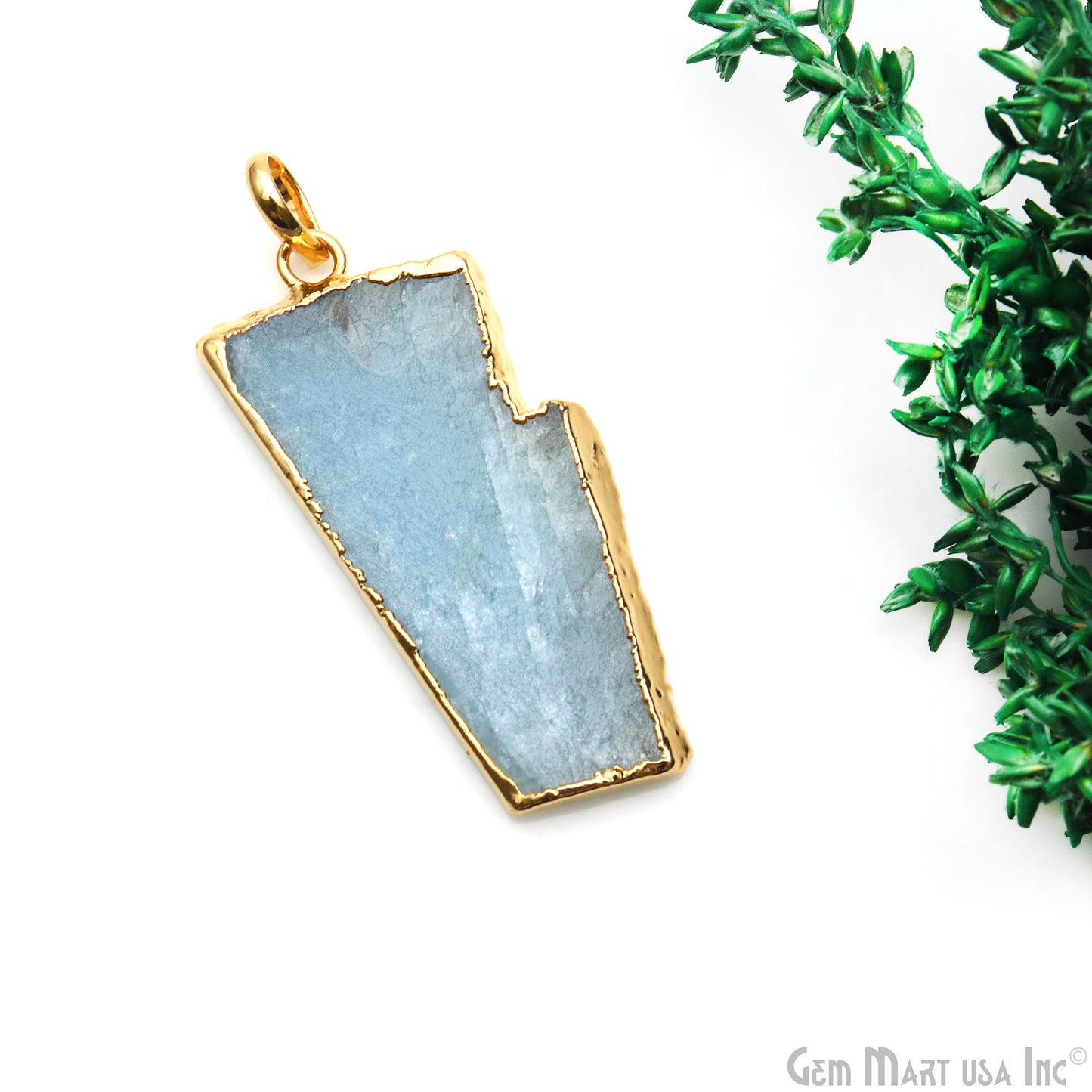 Aquamarine Free Form shape 43x19mm Gold Electroplated Gemstone Single Bail Pendant