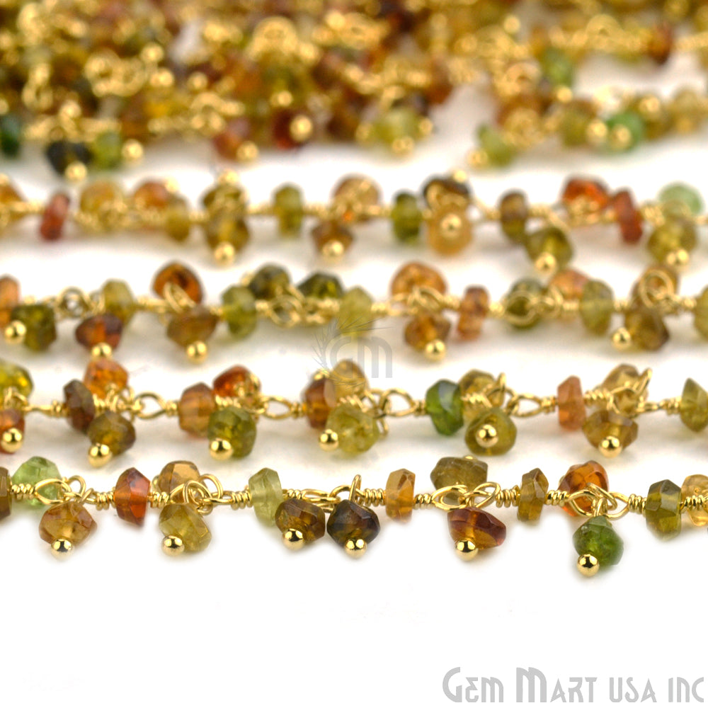 Petrol Tourmaline Faceted Beads Gold Wire Wrapped Cluster Dangle Rosary Chain - GemMartUSA (764182790191)