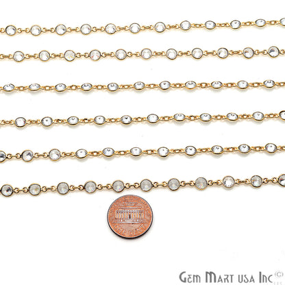 White Zirconia Gemstone 5mm Round Bezeled Gold Plated Continuous Connector Chain - GemMartUSA