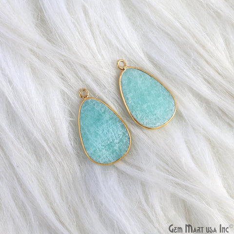 Amazonite Pear Gold Plated Single Bail Bezel Smooth Slab Slice Thick Gemstone Connector 28x16mm 1 Pair