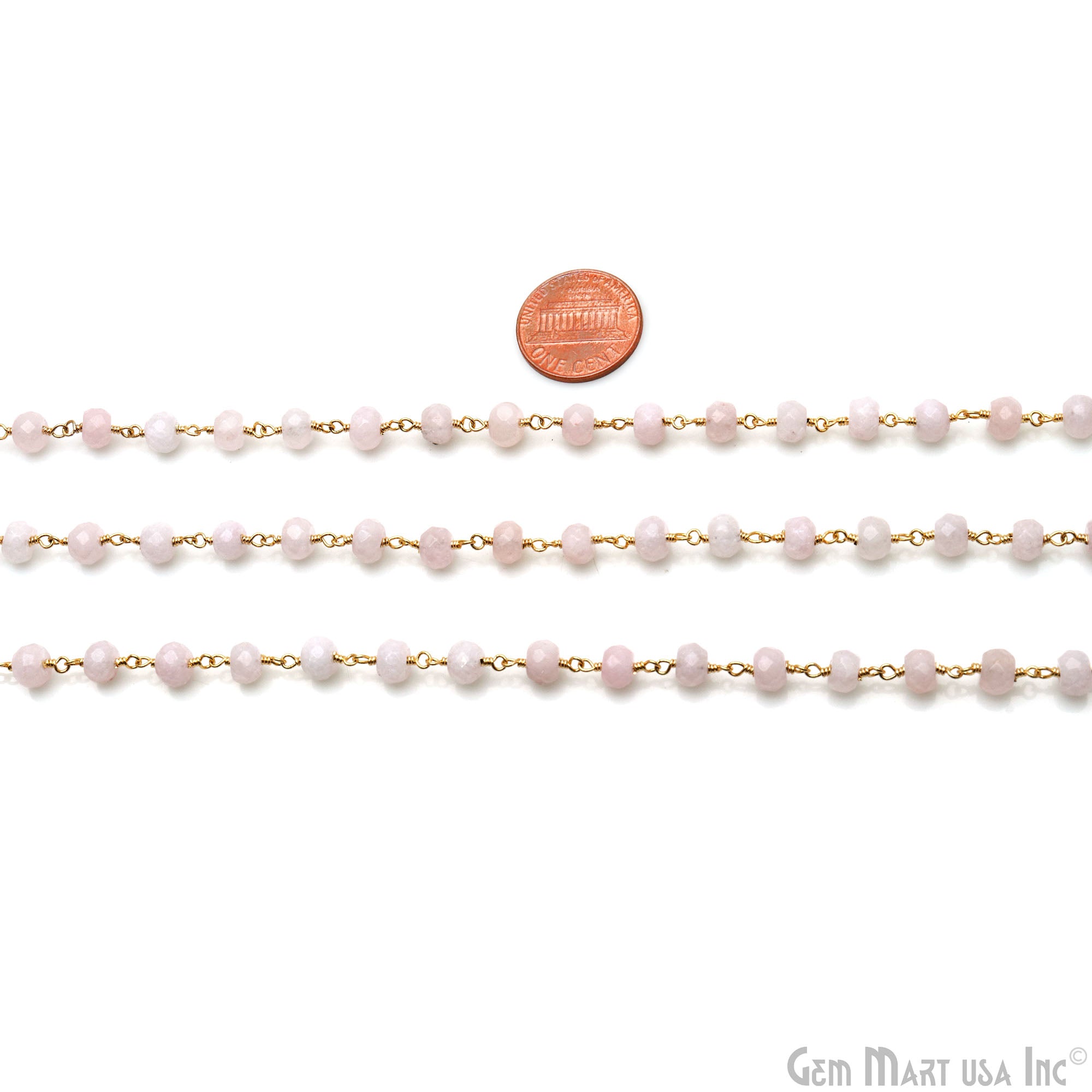 Light Pink Jade Faceted 5-6mm Gold Wire Wrapped Beads Rosary Chain