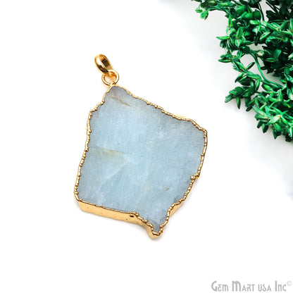 Aquamarine Free Form shape 50x41mm Gold Electroplated Gemstone Single Bail Pendant