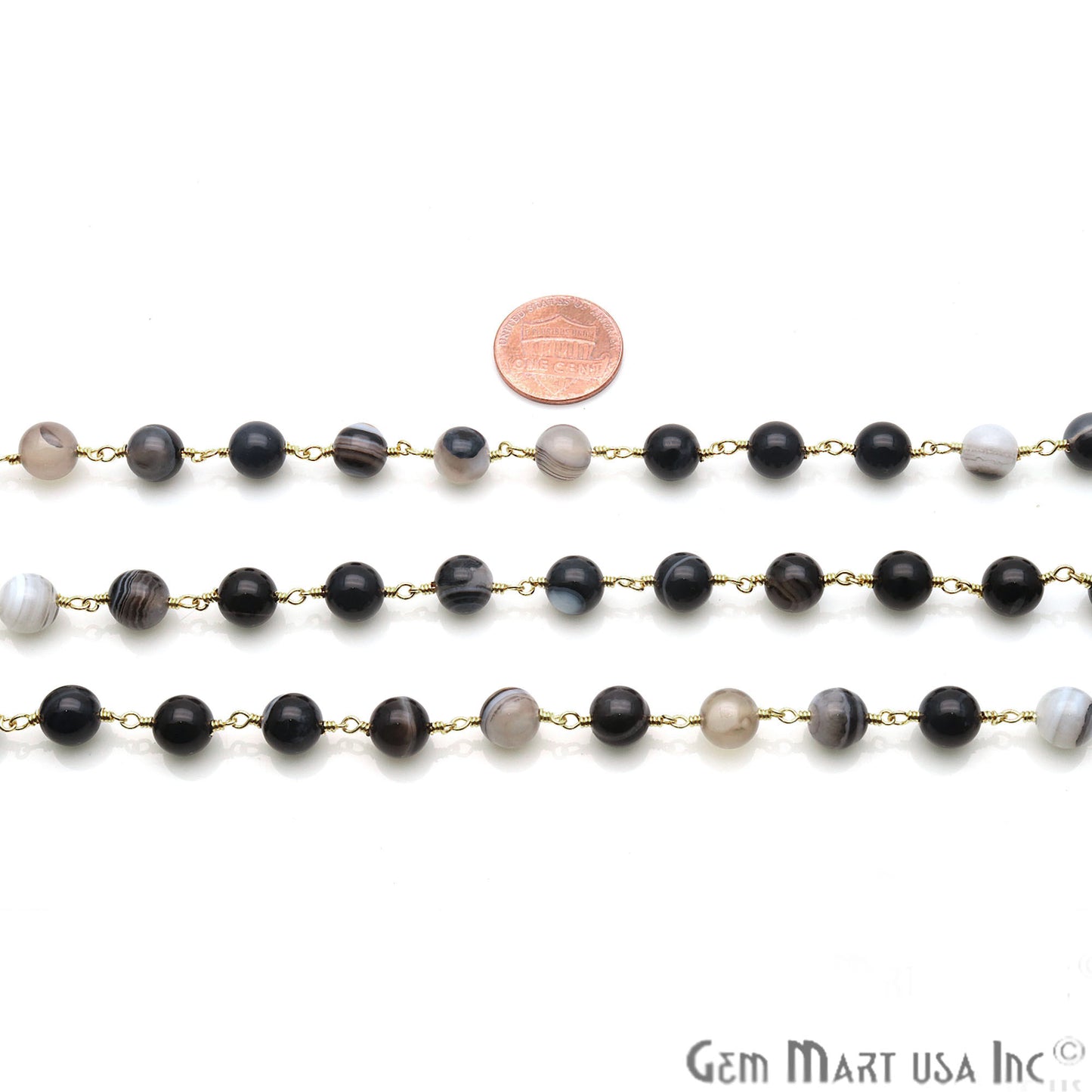 Black Onyx Smooth Beads Gold Plated Wire Wrapped Gemstone Rosary Chain - GemMartUSA