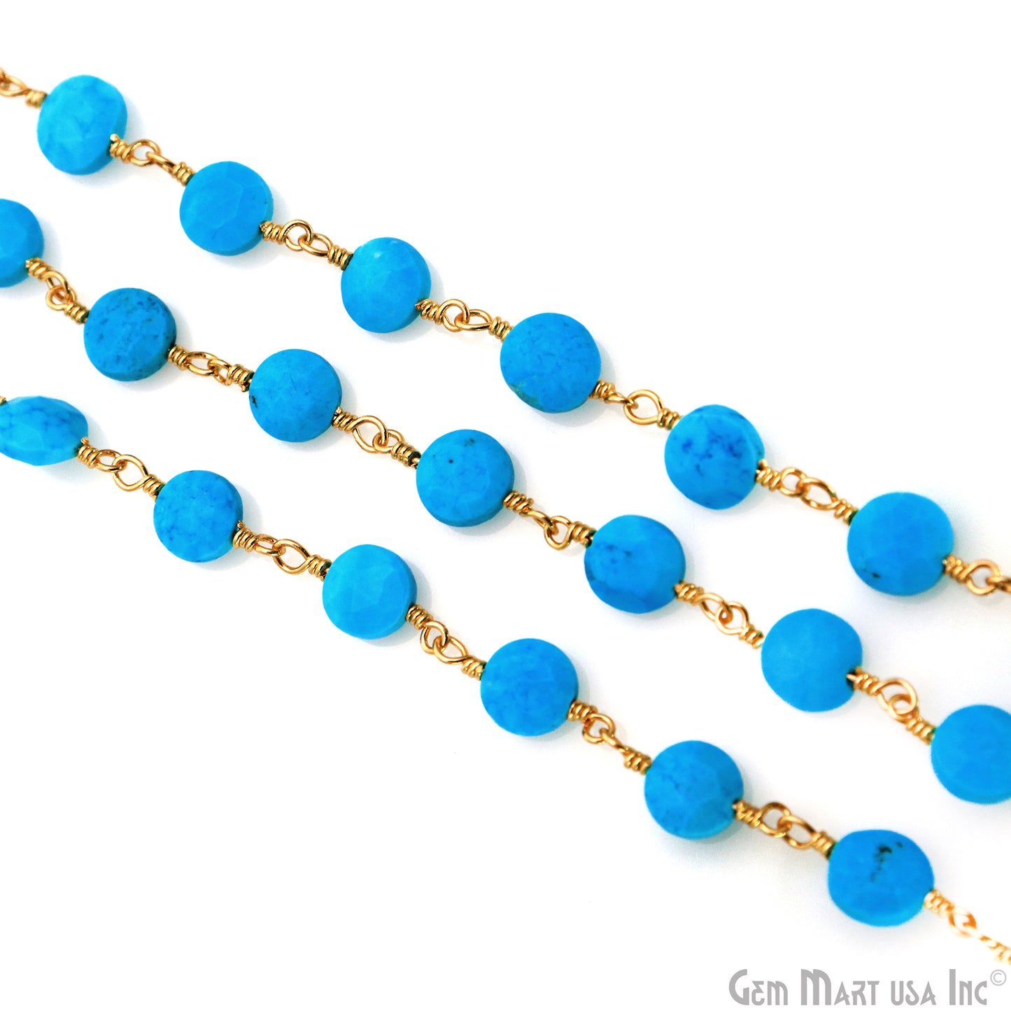 Turquoise Coin 5-6mm Gold Wire Wrapped Rosary Chain