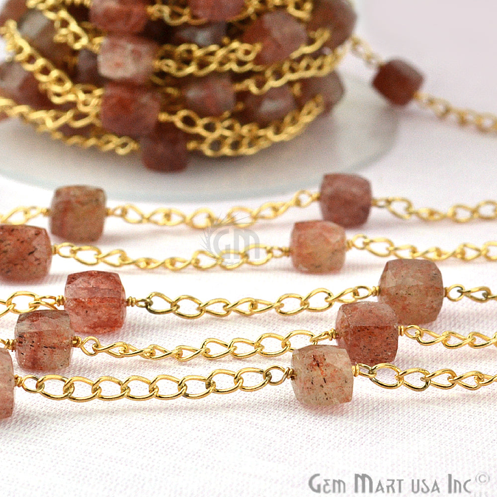 Strawberry Quartz Beads Chain, Gold Plated Wire Wrapped Rosary Chain - GemMartUSA (763698413615)