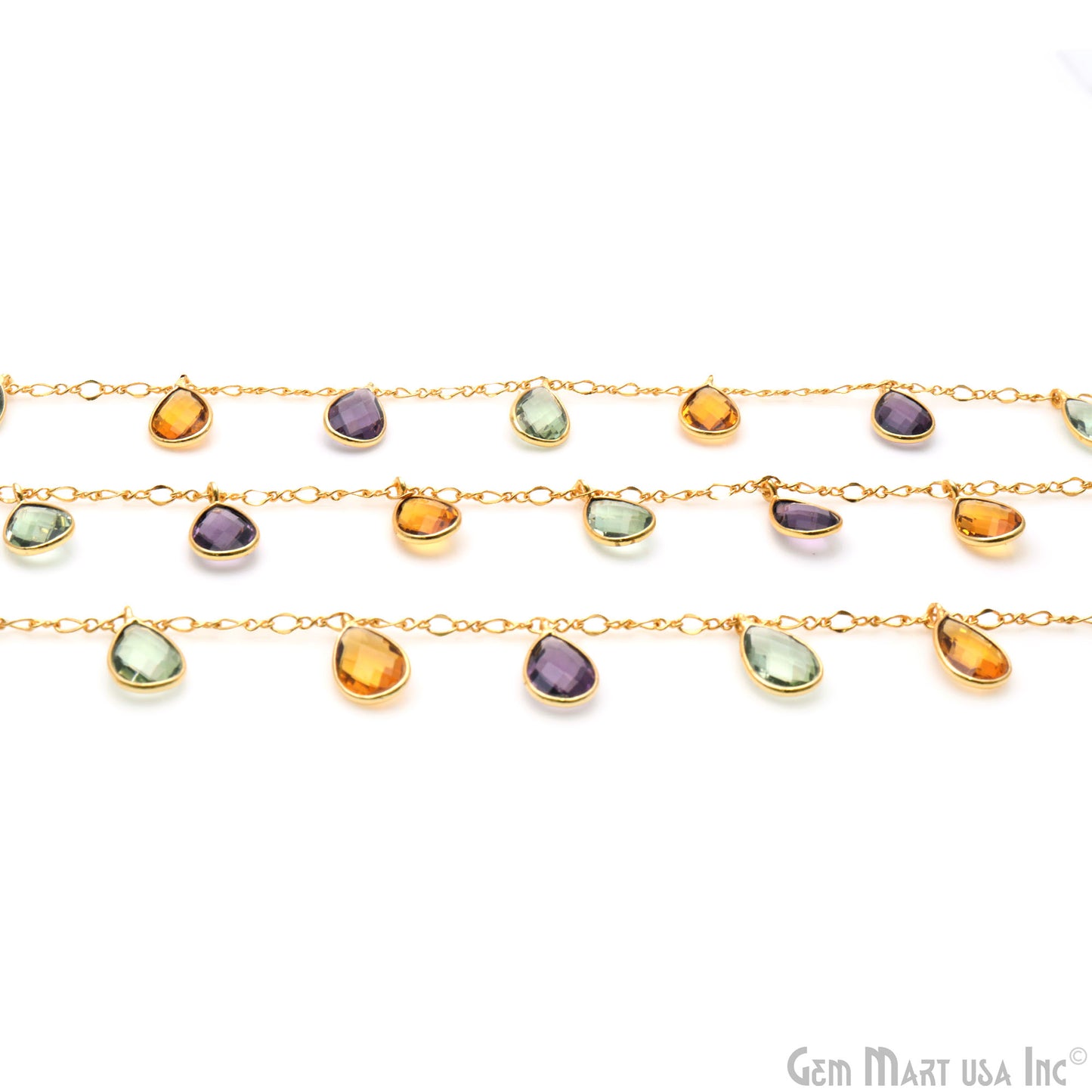 Green Amethyst, Citrine, Amethyst Pears Gold Bezel Connector Dangle Rosary Chain