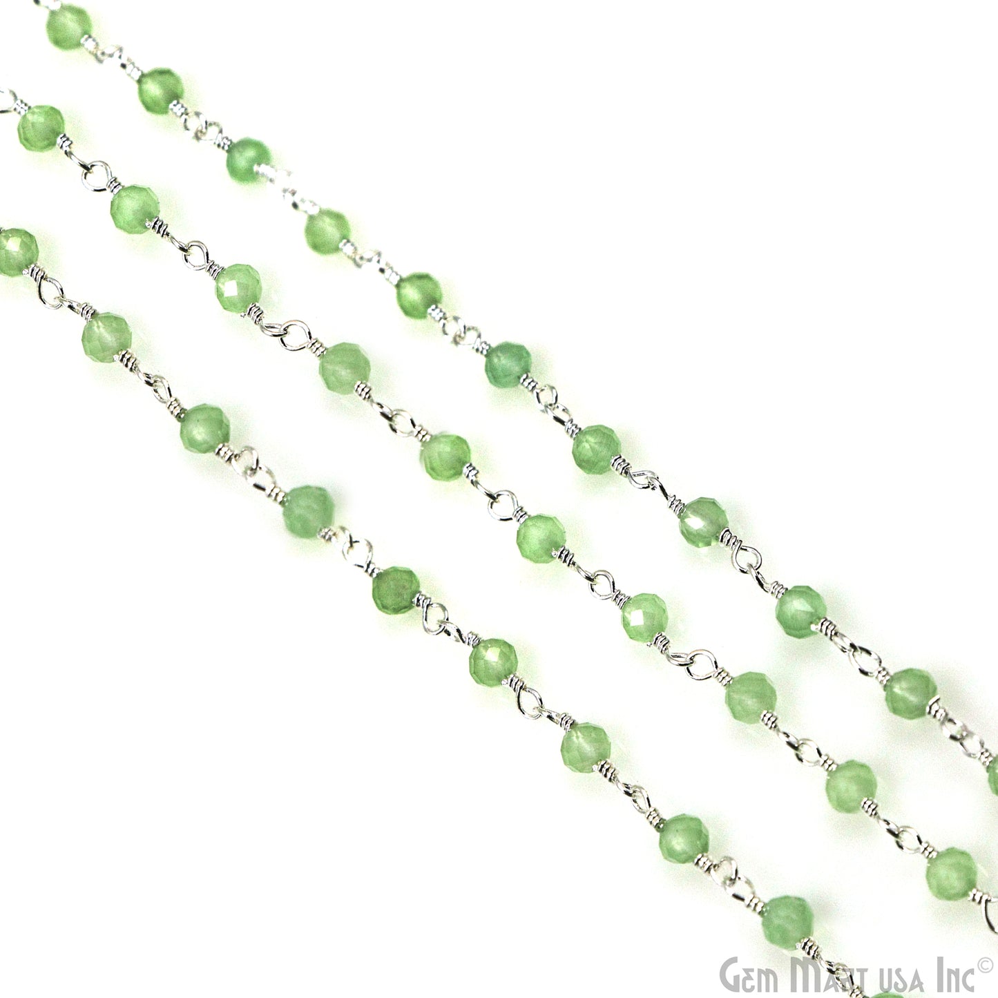 Green Monalisa 3-3.5mm Beads Silver Wire Wrapped Rosary Chain