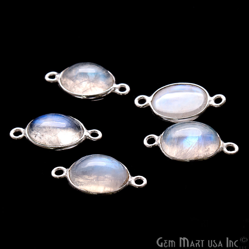 Rainbow Moonstone Cabochon 9x11mm Oval Silver Plated Double Bail Gemstone Connector - GemMartUSA