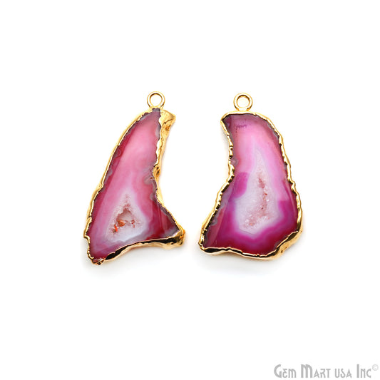 Agate Slice 42x27mm Organic Gold Electroplated Gemstone Earring Connector 1 Pair