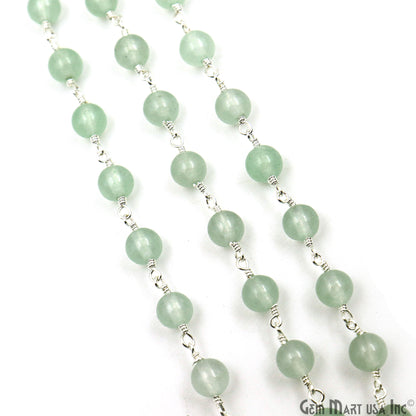 Aqua Jade Cabochon Beads 6mm Silver Plated Gemstone Rosary Chain