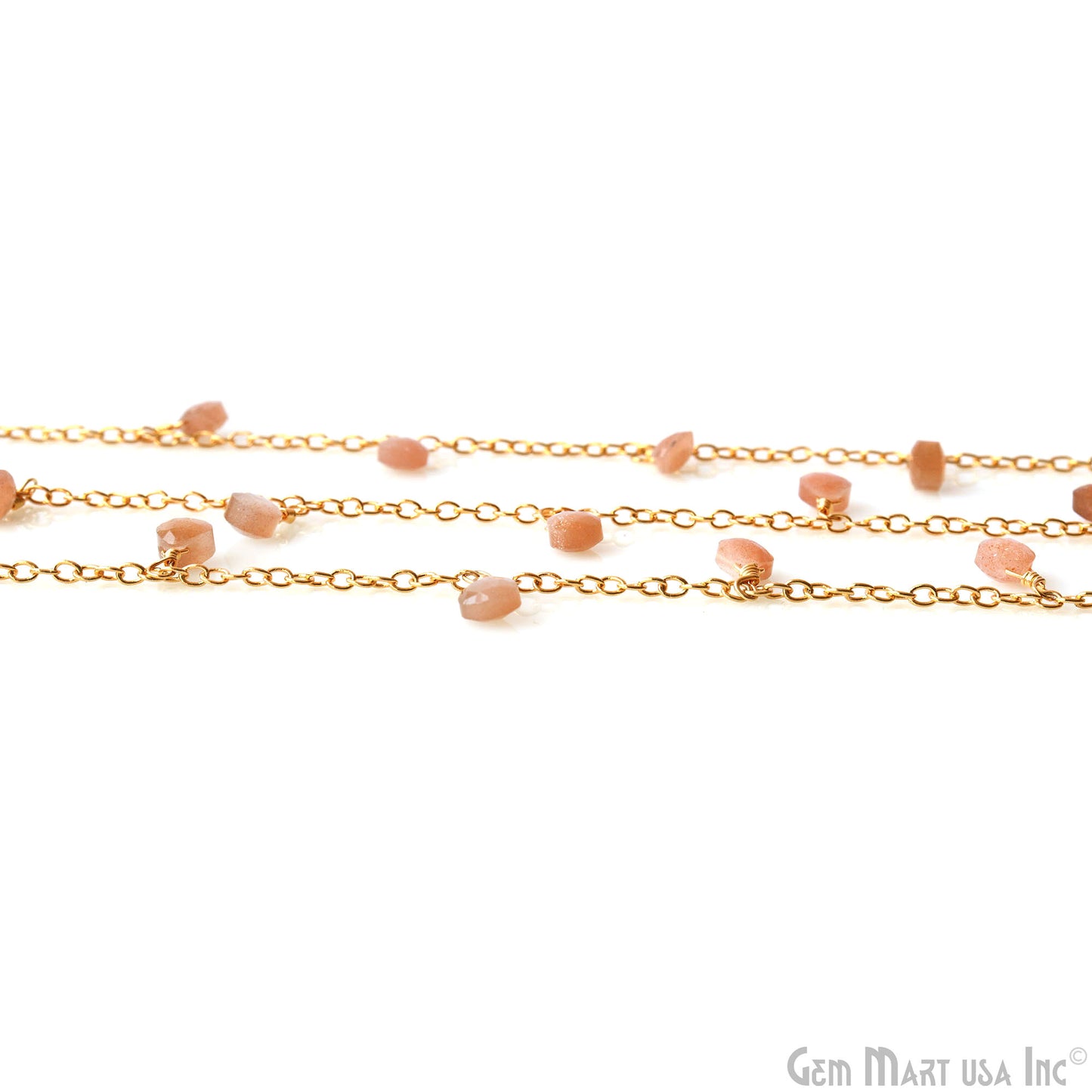 Peach Moonstone Heart 5mm Gold Wire Wrapped Dangle Rosary Chain