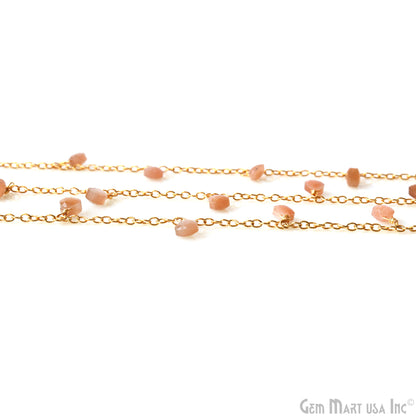 Peach Moonstone Heart 5mm Gold Wire Wrapped Dangle Rosary Chain