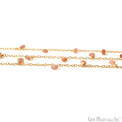 Peach Moonstone Heart 5mm Gold Wire Wrapped Dangle Rosary Chain