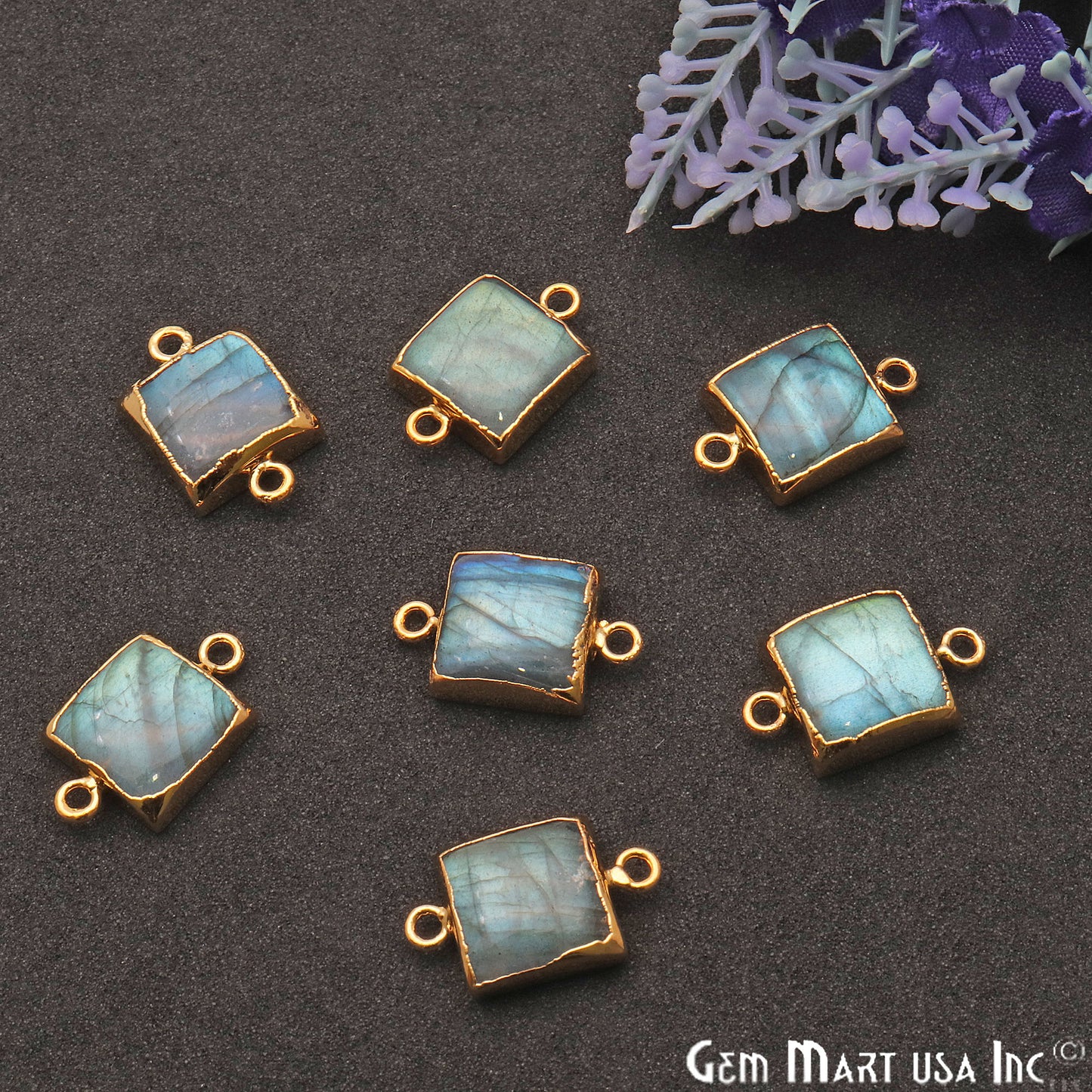 Flashy Labradorite Square Shape Gold Edge 20x12mm Double Bail Connector - GemMartUSA