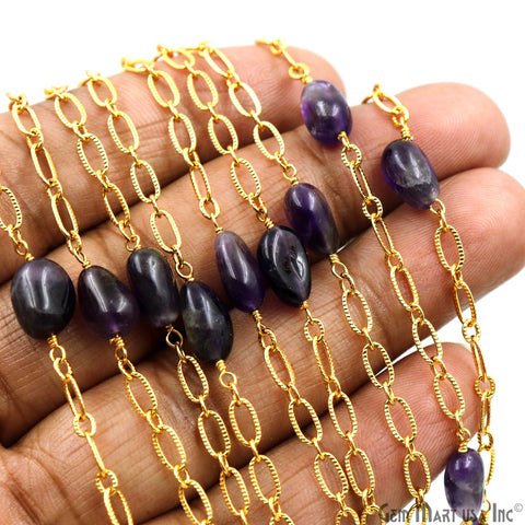 Amethyst 10x6mm & Gold Finding 7x4mm Tumble Beads Gold Plated Rosary Chain