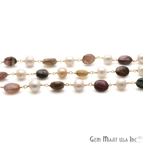 Multi Tourmaline 10x6mm & Pearl 7-8mm Gold Plated Wire Wrapped Rosary Chain - GemMartUSA