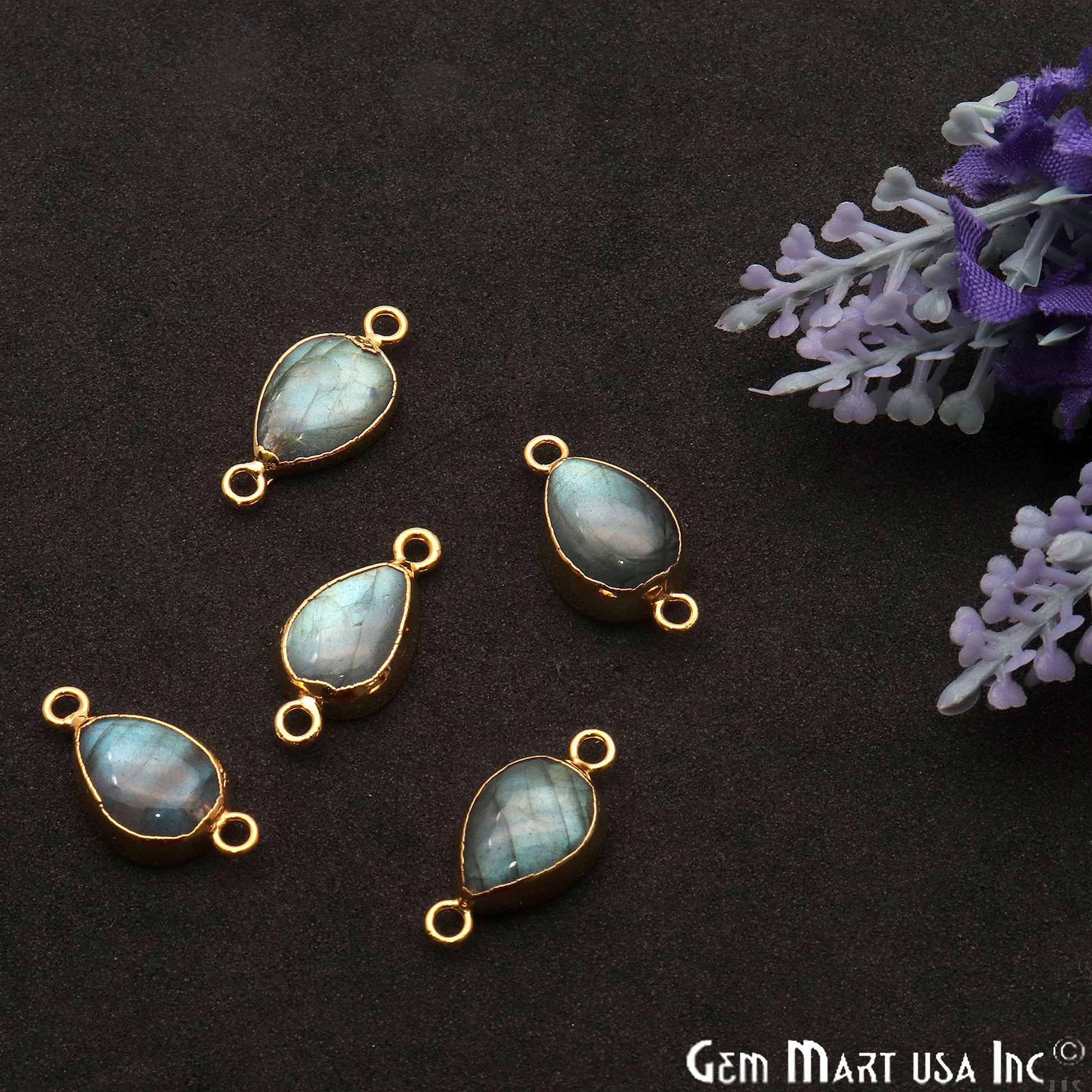 Labradorite Cabochon 20x10mm Pears Gold Electroplated Double Bail Gemstone Connector - GemMartUSA