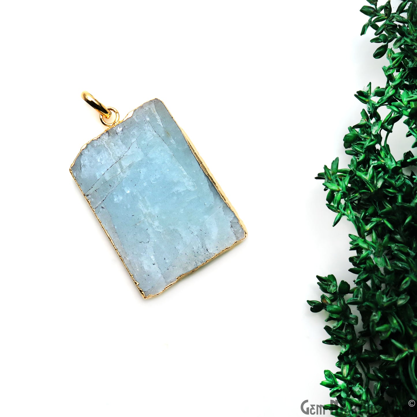 Aquamarine Free Form shape 44x30mm Gold Electroplated Gemstone Single Bail Pendant