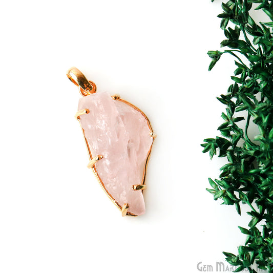 Natural Morganite Organic 40x18mm Gold Plated Prong Setting Single Bail Gemstone Pendant