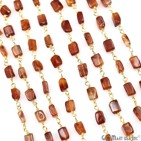 Dark Carnelian Beads 8x5mm Gold Plated Wire Wrapped Beaded Rosary Chain