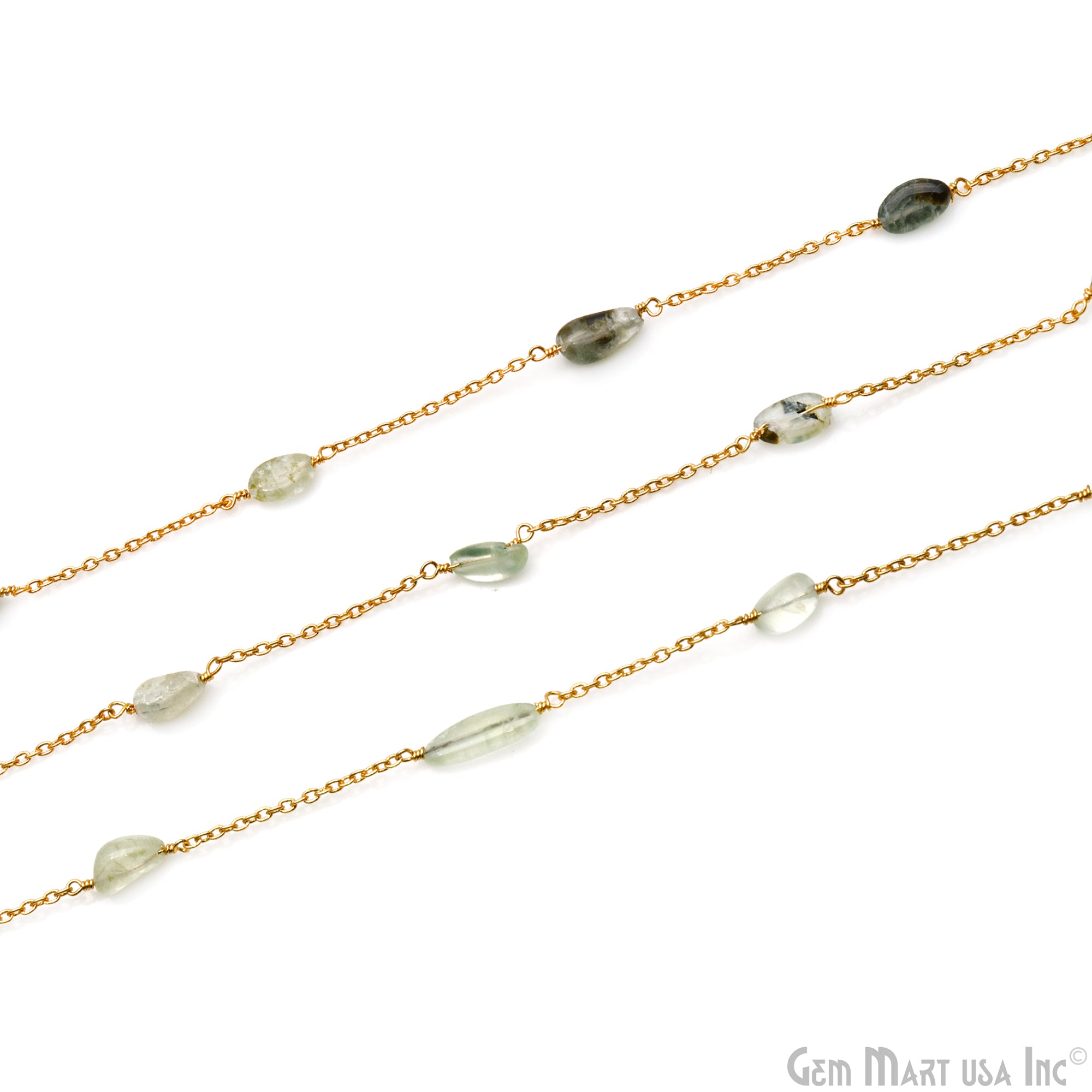 Green Rutile Tumble Beads 10x6mm Gold Wire Wrapped Rosary Chain