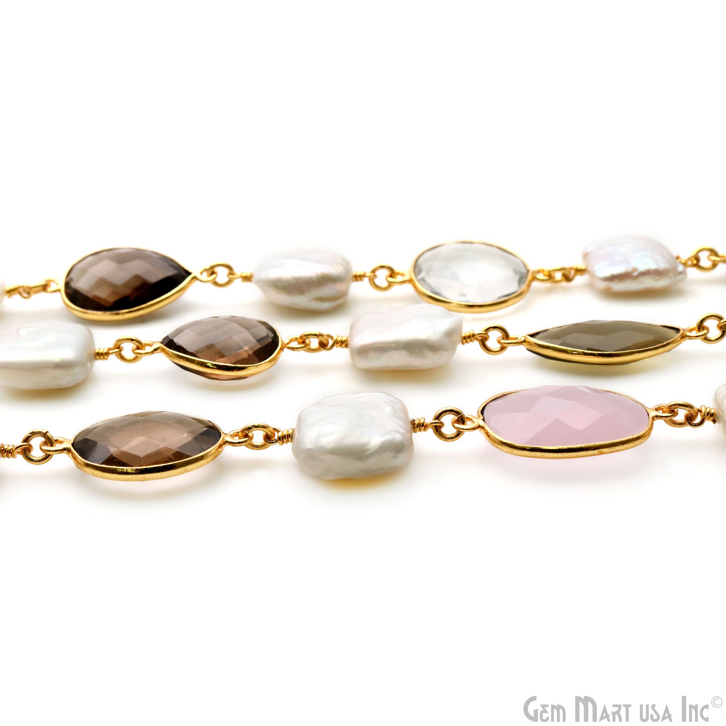 Multi-Color & Mix Shape Gemstone With Square Pearl Beads 10-15mm Gold Plated Bezel Faceted Continuous Connector Chains