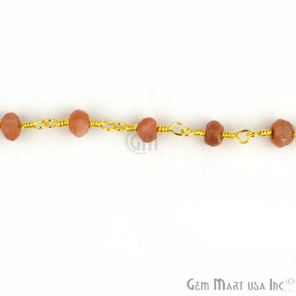 Sunstone With Pearl Gold Plated Wire Wrapped Beads Rosary Chain - GemMartUSA