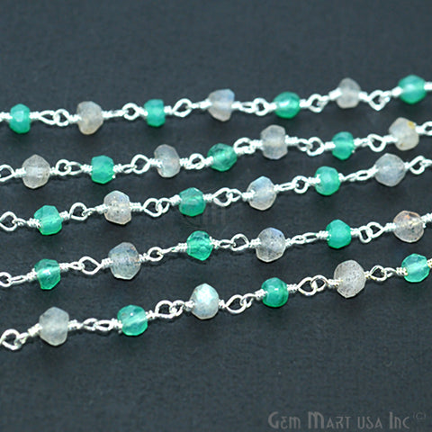 Green Onyx With Crystal Beads Silver Plated Wire Wrapped Rosary Chain