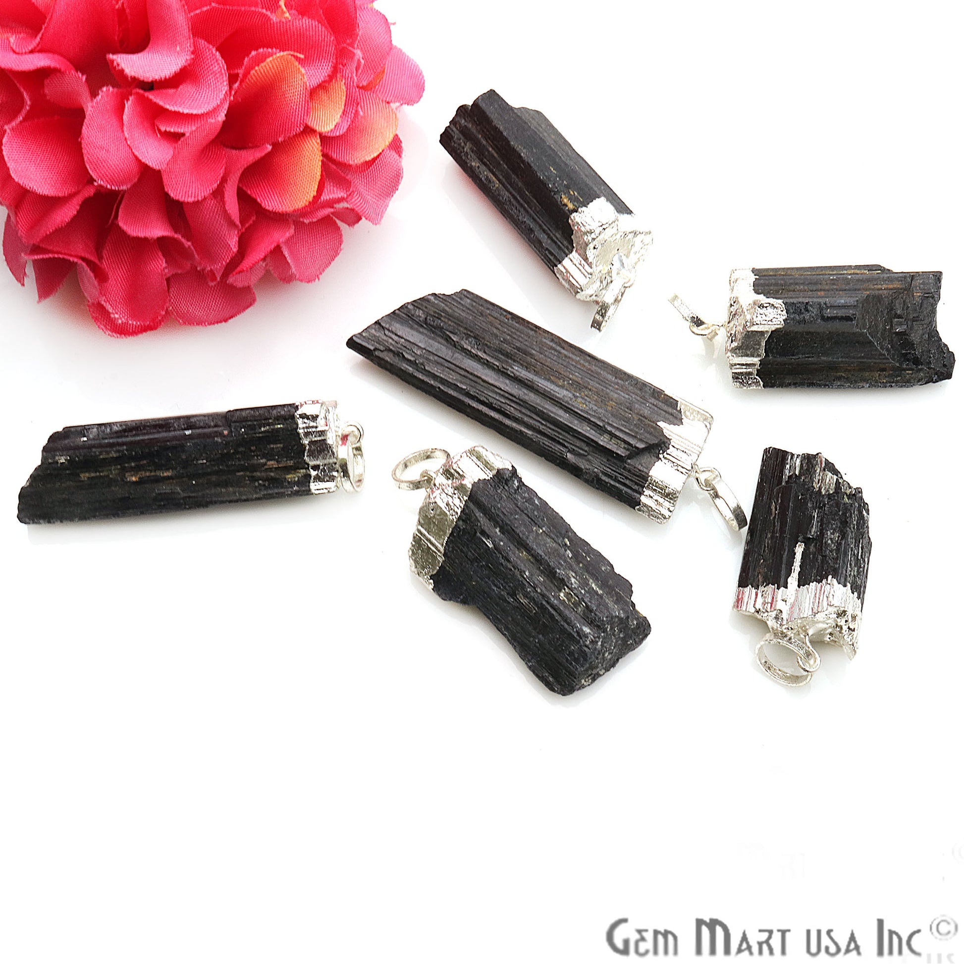 Black Tourmaline 53x16mm Free Form Silver Electroplated Single Bail Gemstone Connector - GemMartUSA