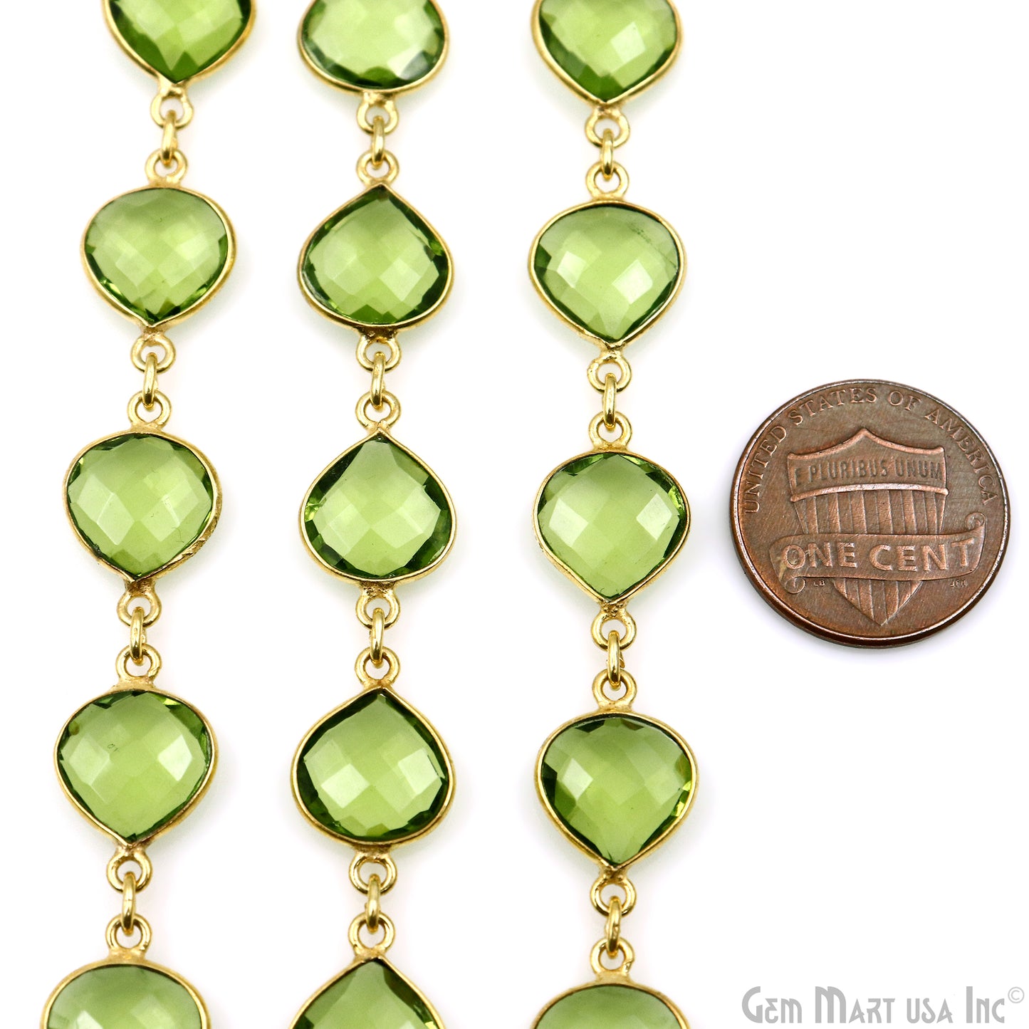 Peridot Faceted Heart 10mm Bezel Gold Plated Continuous Connector Chain