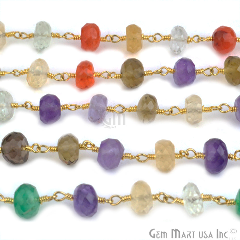 Multi Stone 7-8mm Beads Gold Plated Wire Wrapped Rosary Chain - GemMartUSA (764027535407)