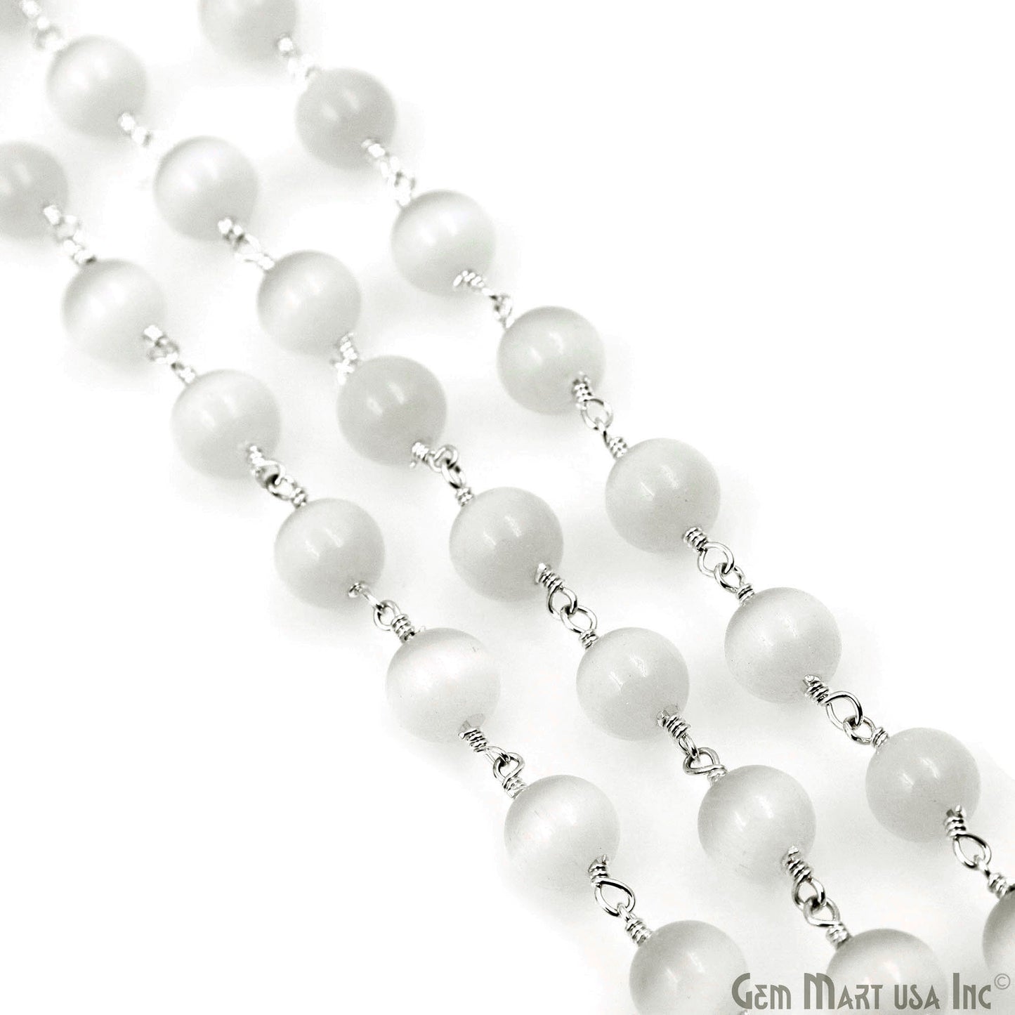 White Monalisa Smooth Beads 8mm Silver Plated Wire Wrapped Rosary Chain