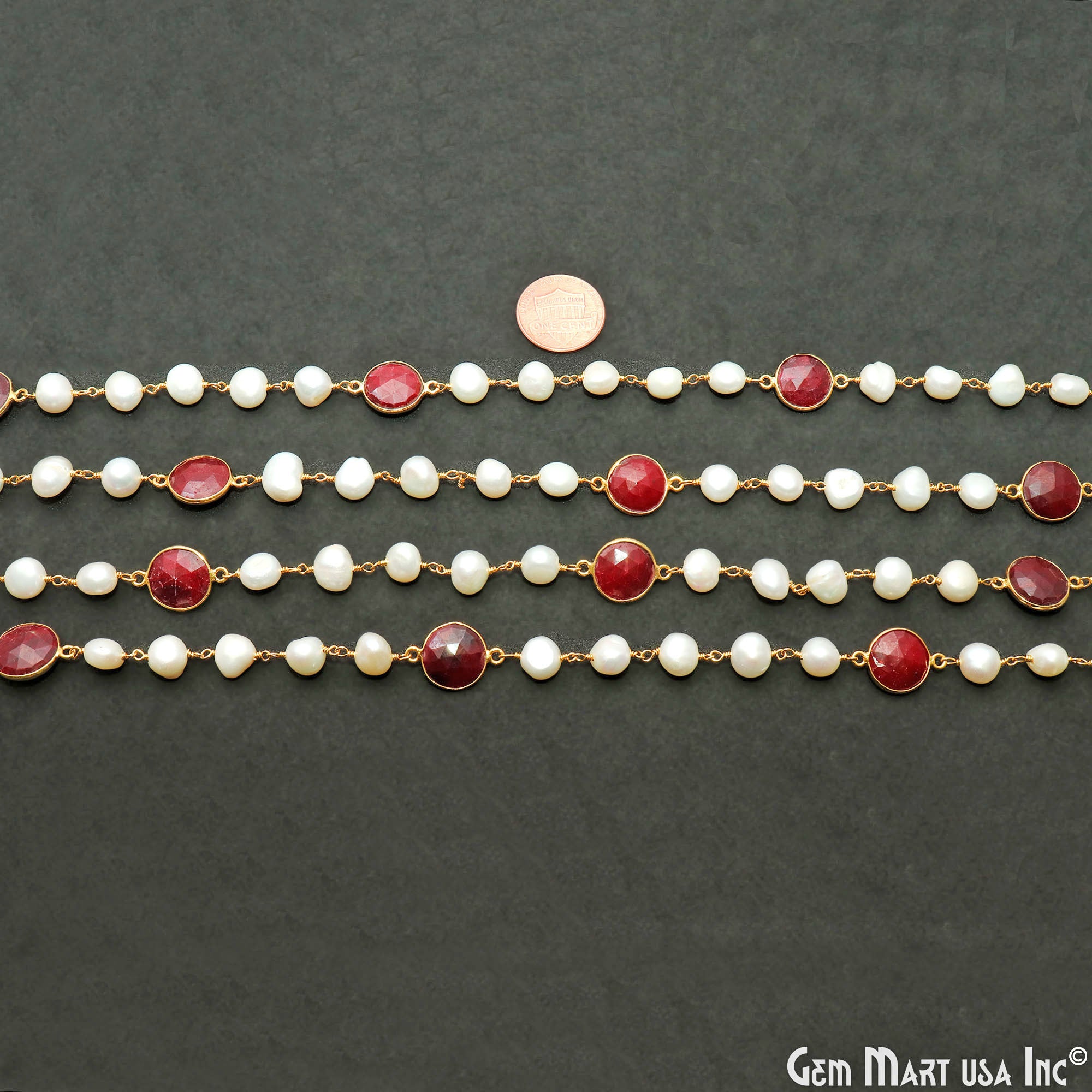 Pearl & Ruby Gold Wire Wrapped Beaded Rosary Chain